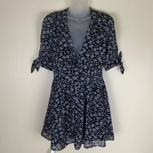 Nightwalker Floral Print Black Navy Blue V Neck Low cut Mini Dress Small fairy